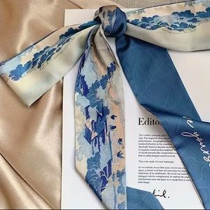 Blue Beige Tan Orange Painted Landscape Silky Neck & Hair Bow Twilly Scarf